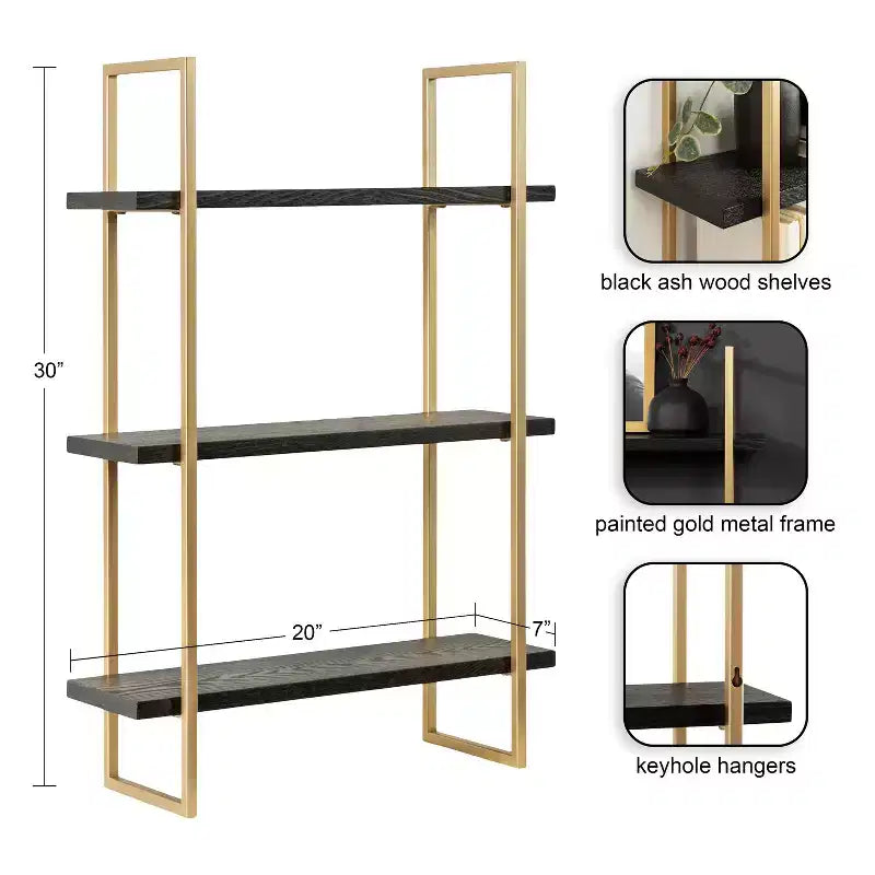 Mensola a muro a 3 ripiani in metallo con finitura nera e oro, 20"x30"