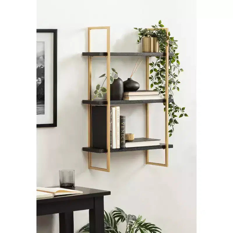Mensola a muro a 3 ripiani in metallo con finitura nera e oro, 20"x30"