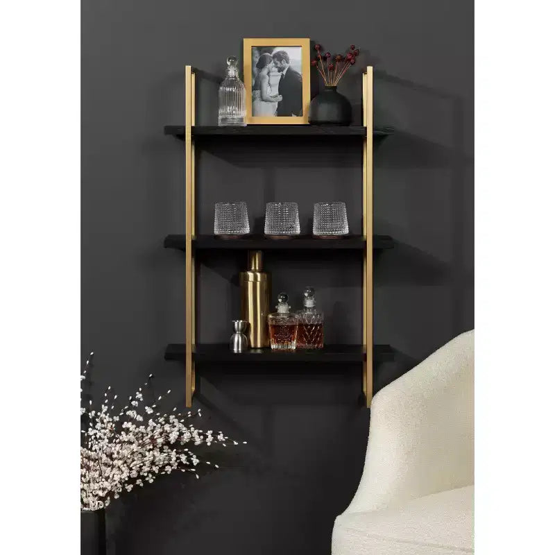 Mensola a muro a 3 ripiani in metallo con finitura nera e oro, 20"x30"