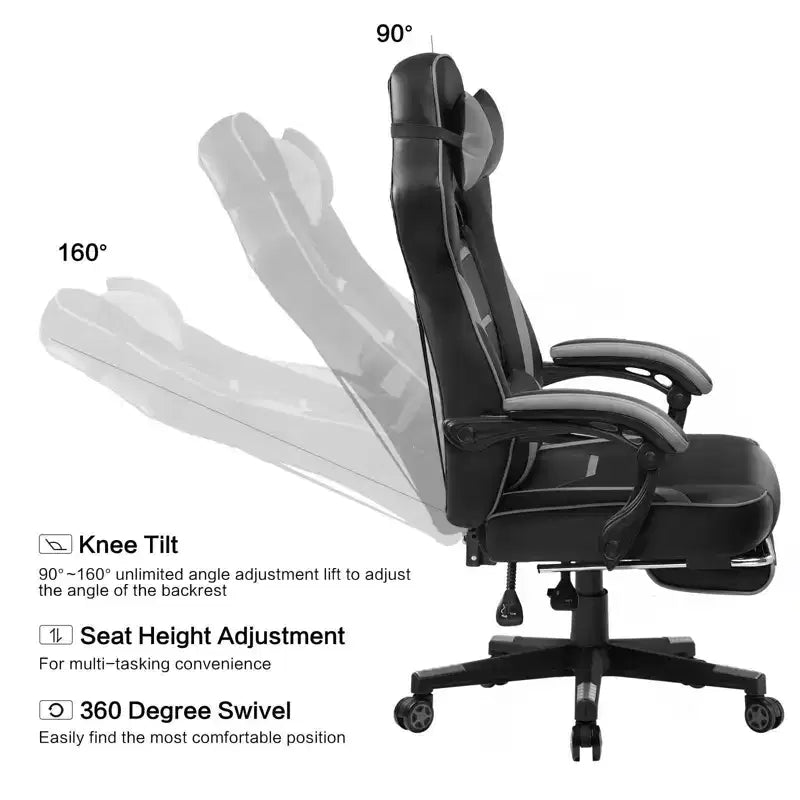 Sedia da gaming con schienale alto e poggiapiedi estraibile, grigio