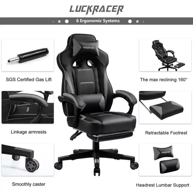 Sedia da gaming con schienale alto e poggiapiedi estraibile, grigio