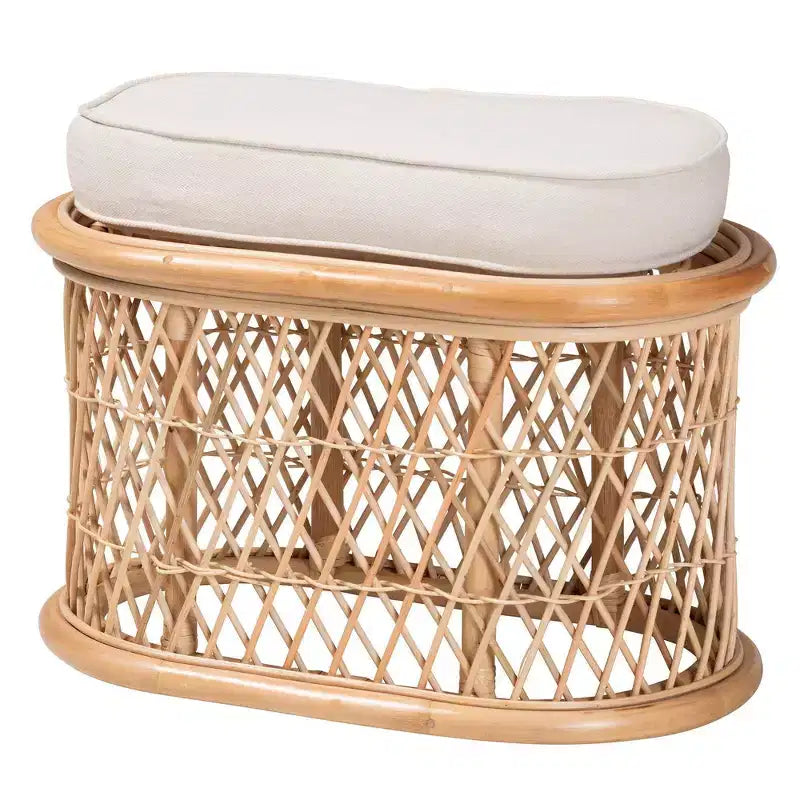 Poggiapiedi Pouf Ovale in Rattan Naturale con Cuscino Rimovibile
