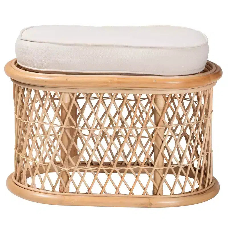 Poggiapiedi Pouf Ovale in Rattan Naturale con Cuscino Rimovibile