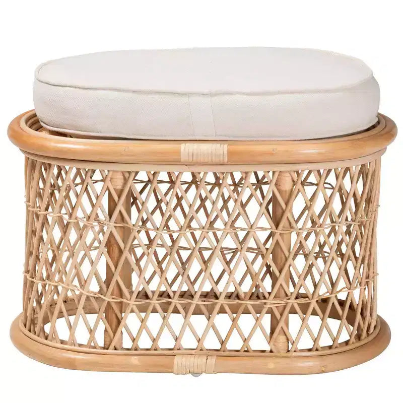 Poggiapiedi Pouf Ovale in Rattan Naturale con Cuscino Rimovibile