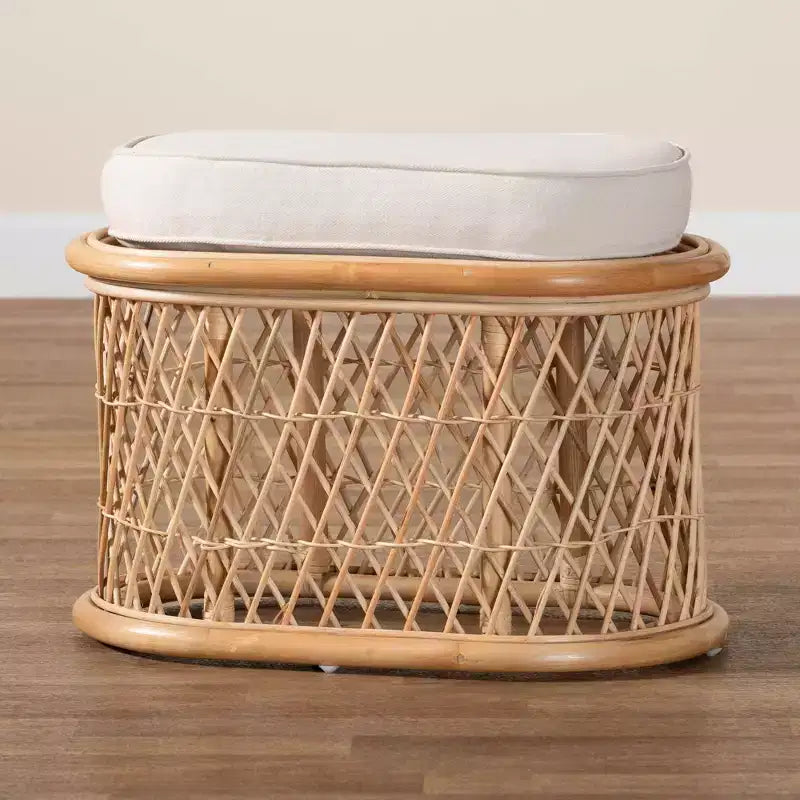 Poggiapiedi Pouf Ovale in Rattan Naturale con Cuscino Rimovibile