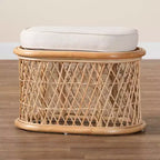 Poggiapiedi Pouf Ovale in Rattan Naturale con Cuscino Rimovibile