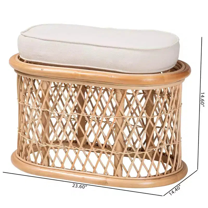 Poggiapiedi Pouf Ovale in Rattan Naturale con Cuscino Rimovibile