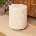 Pouf quadrato in velluto di cotone con profilo a contrasto – Poggiapiedi rivestito color crema con base in legno di pino, capacità 150 kg