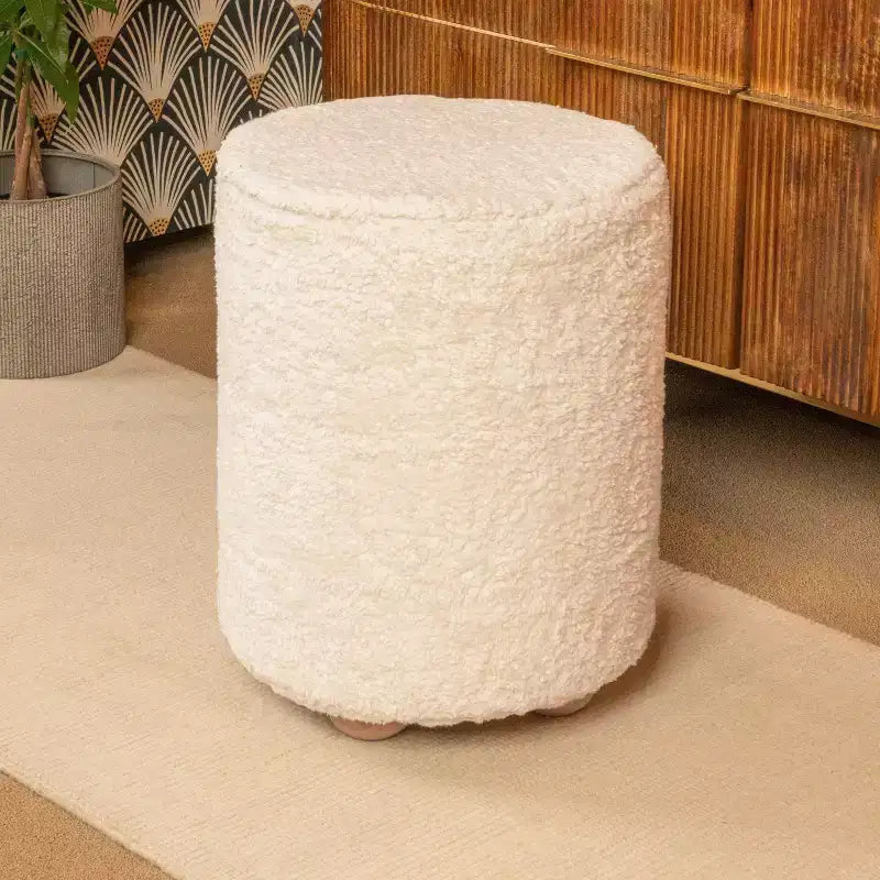 Pouf quadrato in velluto di cotone con profilo a contrasto – Poggiapiedi rivestito color crema con base in legno di pino, capacità 150 kg