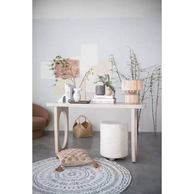 Pouf quadrato in velluto di cotone con profilo a contrasto – Poggiapiedi rivestito color crema con base in legno di pino, capacità 150 kg