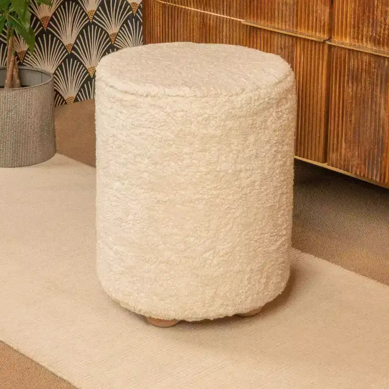 Pouf quadrato in velluto di cotone con profilo a contrasto – Poggiapiedi rivestito color crema con base in legno di pino, capacità 150 kg