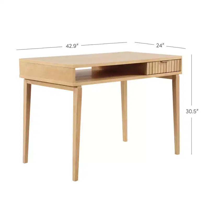 Scrivania Boho scanalata in legno con cassetto e scomparto aperto, Marrone Naturale – Superficie impiallacciata, Struttura in legno, 78,7 cm A x 109,2 cm L x 61 cm P