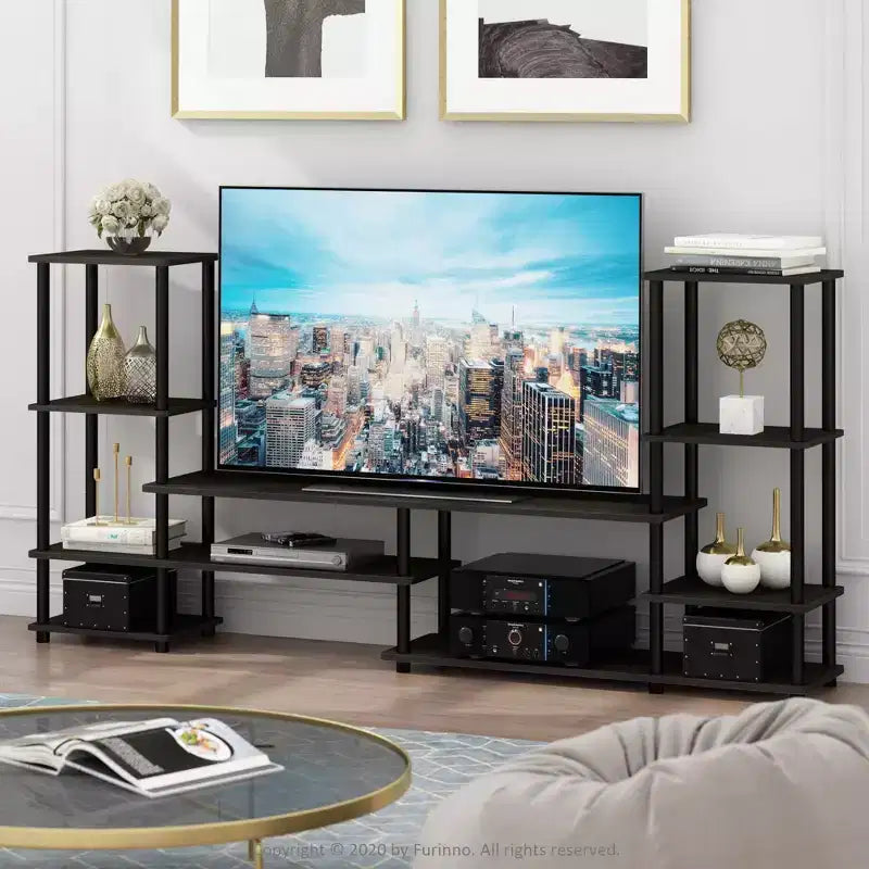Furinno Multifunctional TV Stand for TV's up To 48 TV Console Entertainment Center Open Bookcase Shelves, Espresso/Black