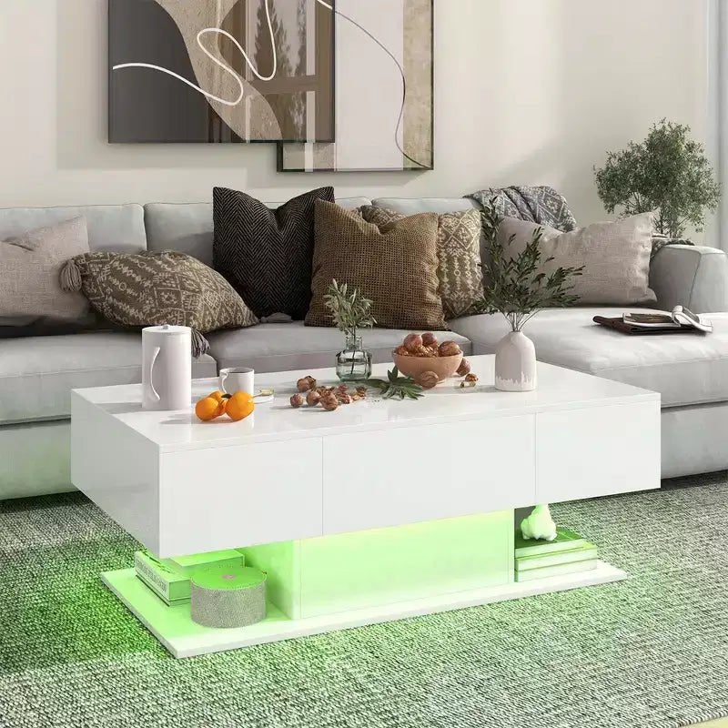 Tavolino da Caffè a LED con 2 Cassetti, Luci RGB Dimmerabili e Telecomando, Bianco/Nero