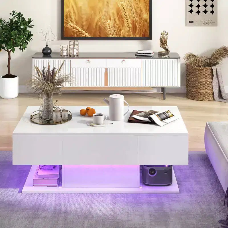 Tavolino da Caffè a LED con 2 Cassetti, Luci RGB Dimmerabili e Telecomando, Bianco/Nero