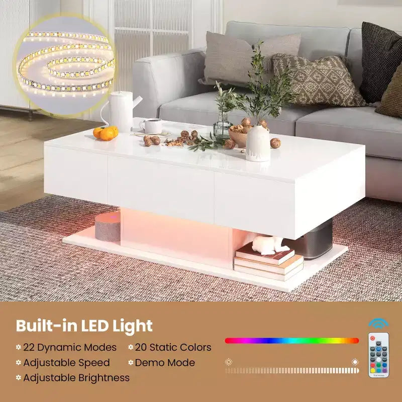 Tavolino da Caffè a LED con 2 Cassetti, Luci RGB Dimmerabili e Telecomando, Bianco/Nero