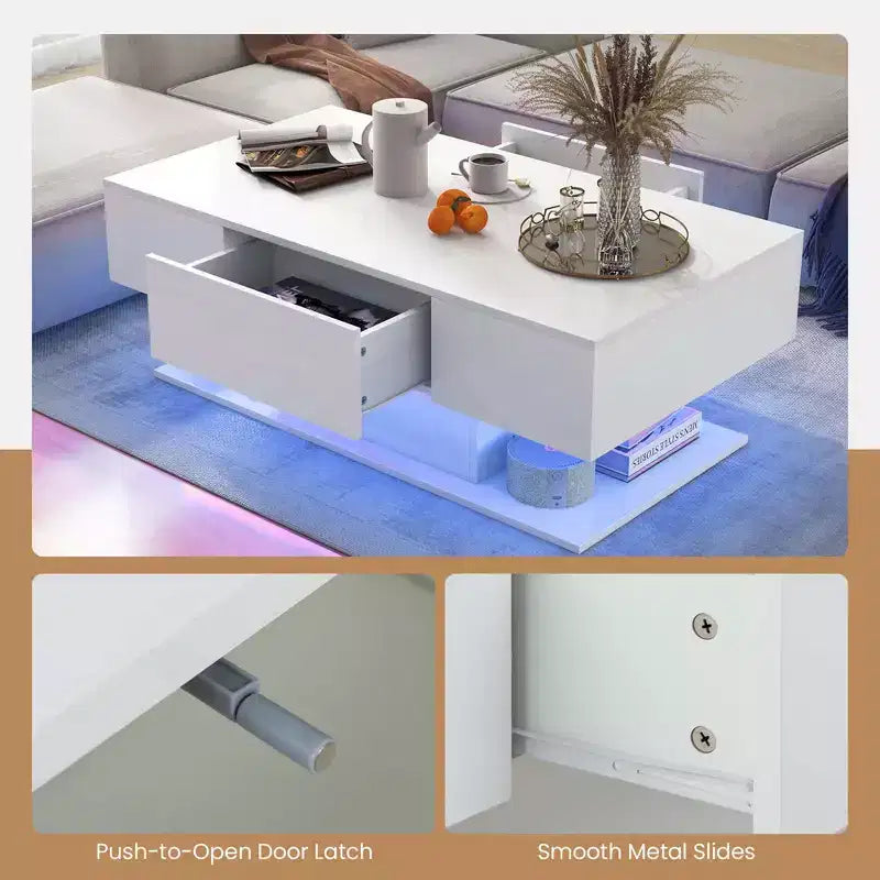 Tavolino da Caffè a LED con 2 Cassetti, Luci RGB Dimmerabili e Telecomando, Bianco/Nero