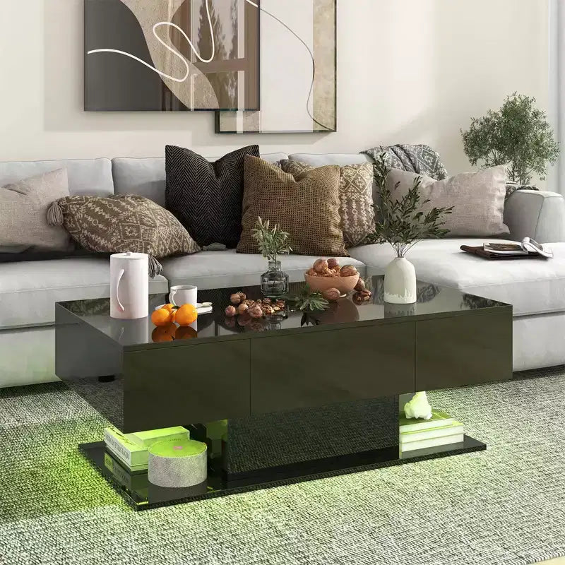 LED Coffee Table with 2 Drawers, Dimmable RGB Lights & Remote Control, White/Black