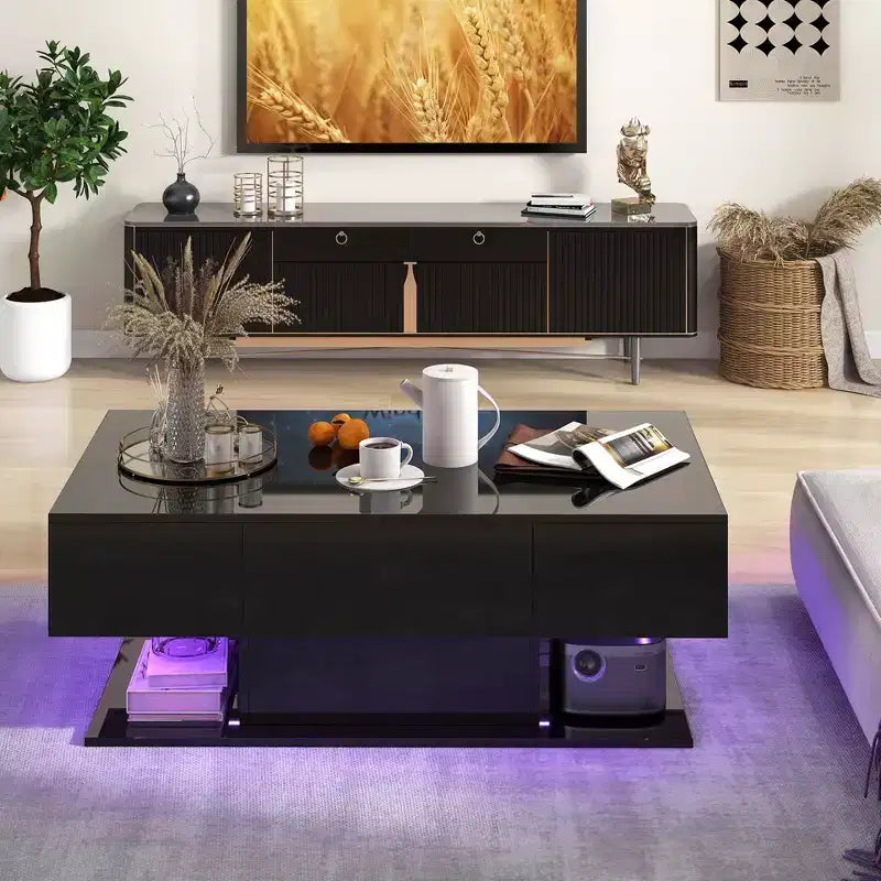 Tavolino da Caffè a LED con 2 Cassetti, Luci RGB Dimmerabili e Telecomando, Bianco/Nero