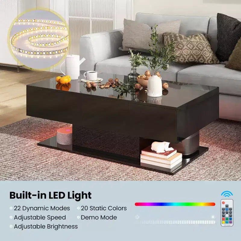 Tavolino da Caffè a LED con 2 Cassetti, Luci RGB Dimmerabili e Telecomando, Bianco/Nero