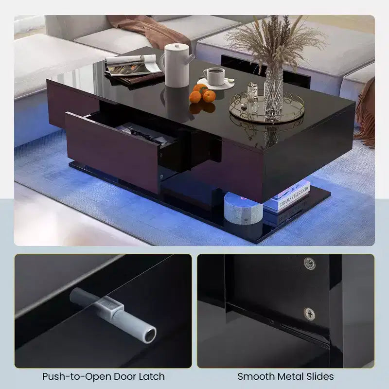 Tavolino da Caffè a LED con 2 Cassetti, Luci RGB Dimmerabili e Telecomando, Bianco/Nero