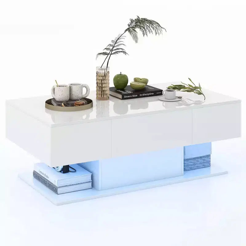 Tavolino da Caffè a LED con 2 Cassetti, Luci RGB Dimmerabili e Telecomando, Bianco/Nero