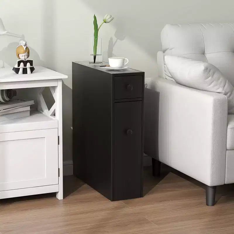 Narrow Bathroom Floor Cabinet with Flip Top, Drawer and Pull-Out Shelves, Black