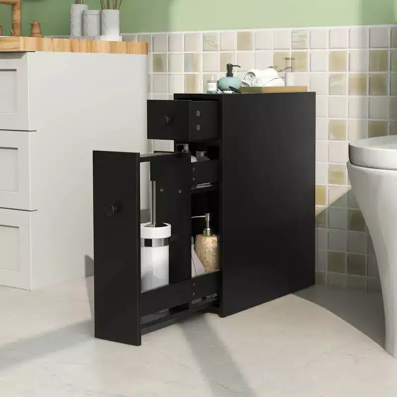 Narrow Bathroom Floor Cabinet with Flip Top, Drawer and Pull-Out Shelves, Black
