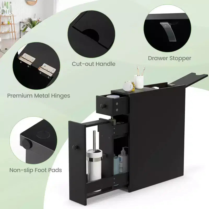 Mobiletto da bagno stretto con anta a ribalta, cassetto e ripiani estraibili, Nero