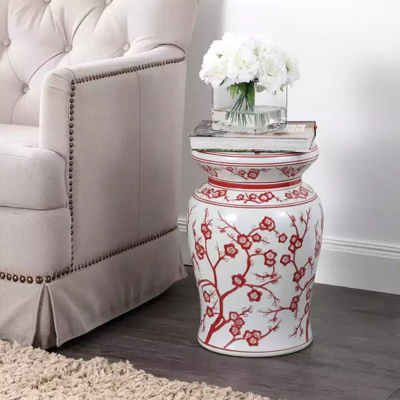 Sgabello da giardino e tavolino d'appoggio in ceramica "Cherry Blossom" da 17,5 pollici
