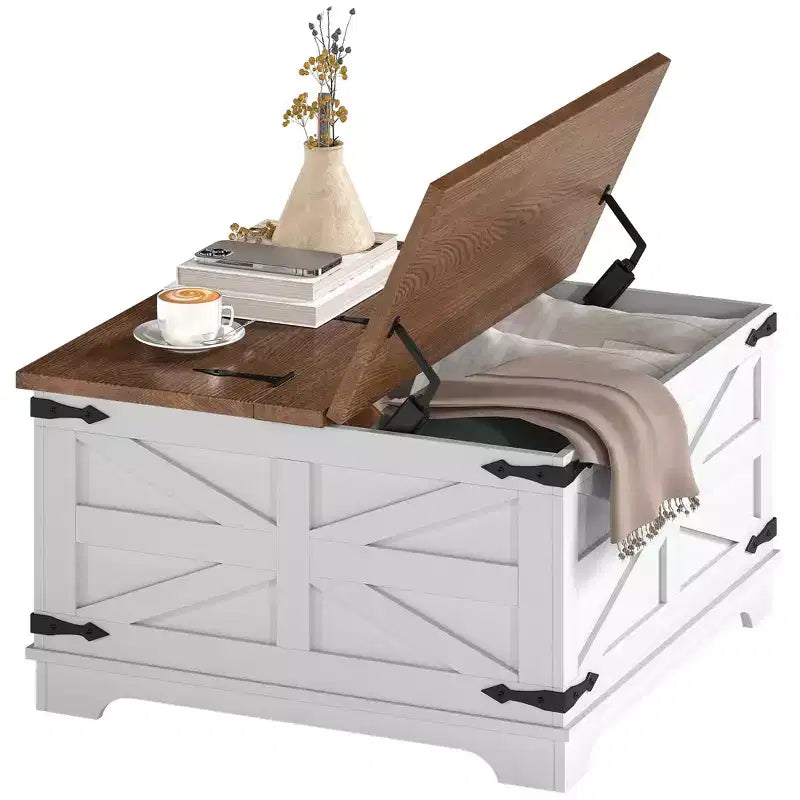 Tavolino da caffè rustico con piano a ribalta e vano portaoggetti nascosto, tavolino quadrato da salotto
