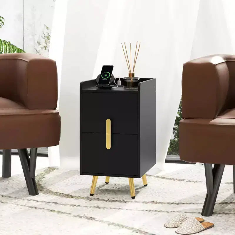 Comodino con stazione di ricarica e 2 cassetti – Nero/Caffè/Bianco