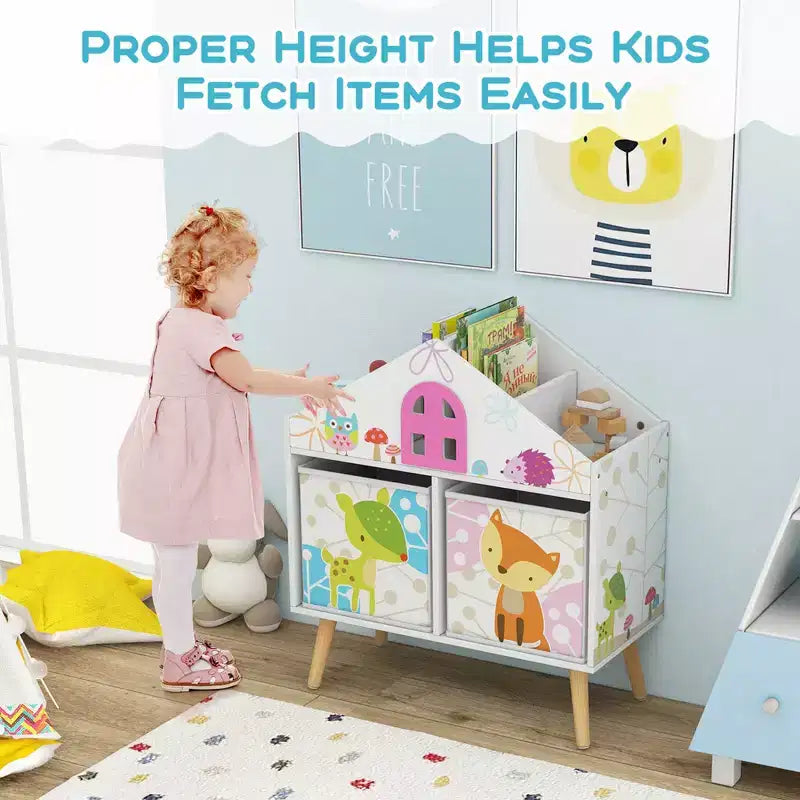 Libreria per bambini a forma di casa delle bambole con contenitore per giocattoli e organizer espositivo