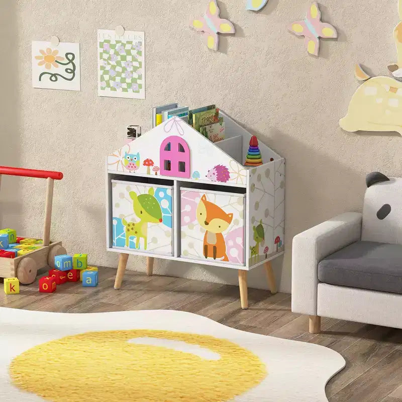 Libreria per bambini a forma di casa delle bambole con contenitore per giocattoli e organizer espositivo