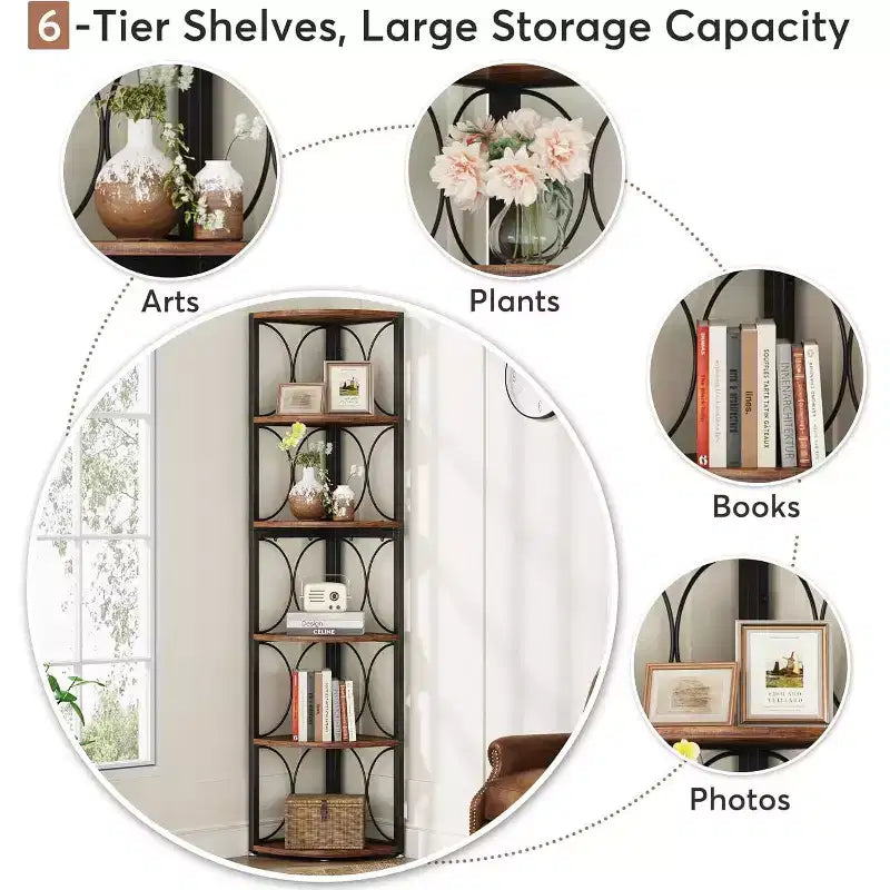 67" Corner Bookshelf, 6-Tier Bookcase Storage Rack