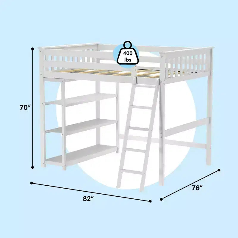 Letto alto a soppalco matrimoniale con scaletta e libreria