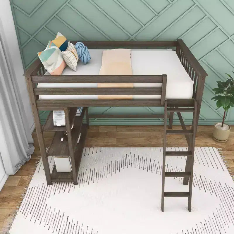 Letto alto a soppalco matrimoniale con scaletta e libreria