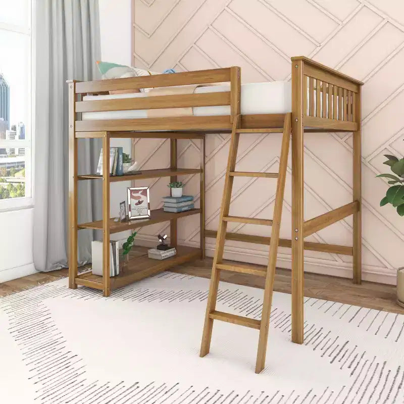 Letto alto a soppalco matrimoniale con scaletta e libreria