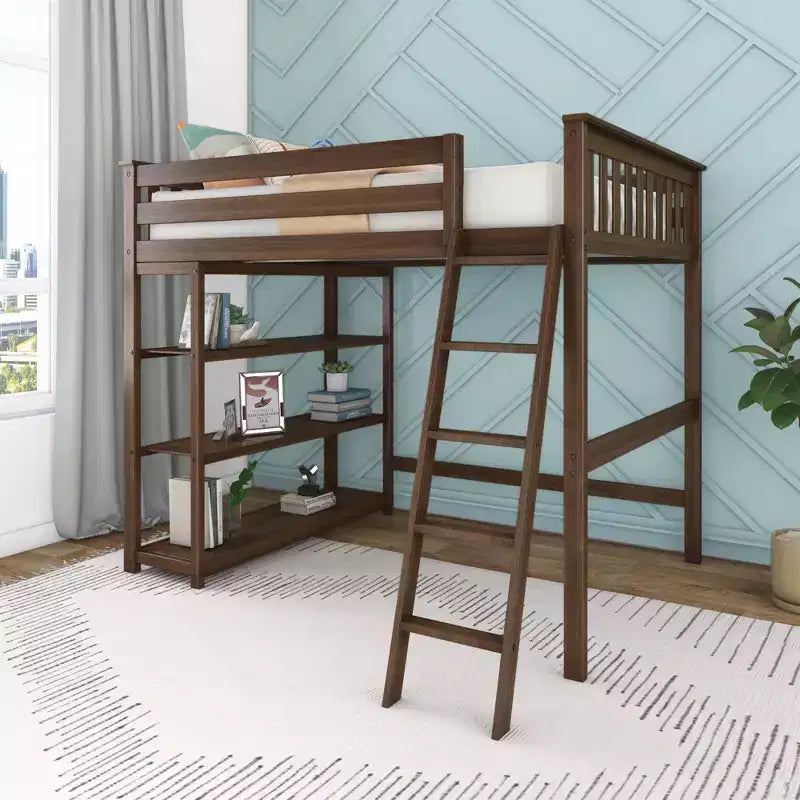 Letto alto a soppalco matrimoniale con scaletta e libreria