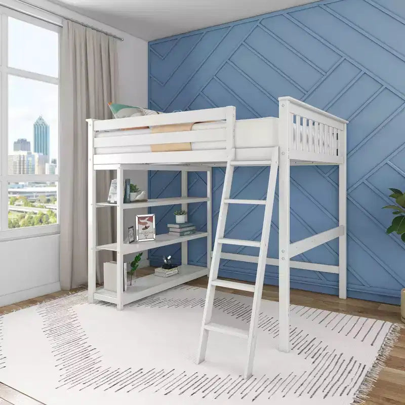 Max & Lily Full Size High Loft Bed with Ladder and Bookcase, Solid Wood Frame, Space Saving, 400 lbs Weight Capacity, Easy Assembly