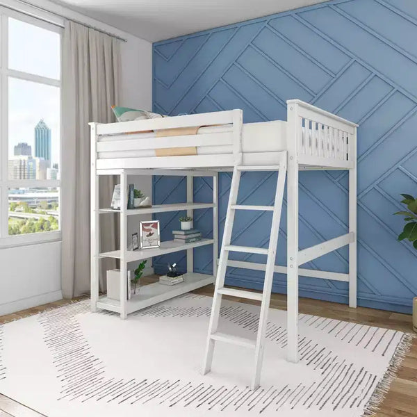 Max & Lily Full Size High Loft Bed with Ladder and Bookcase, Solid Wood Frame, Space Saving, 400 lbs Weight Capacity, Easy Assembly