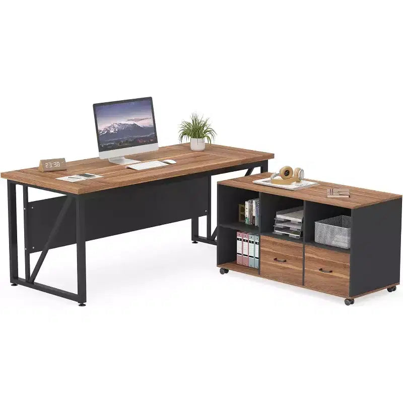Lantine 63 Executive Desk and 47 lateral File Cabinet, L-shaped Computer Desk Business Furniture with Drawers and Storage Shelves
