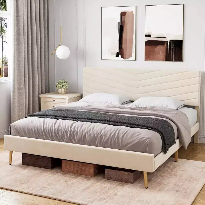 Whizmax King/Queen/Full Size Bed Frame with Adjustable Headboard, Velvet Upholstered Platform Bed, Solid Wood Slats Support, No Box Spring Needed