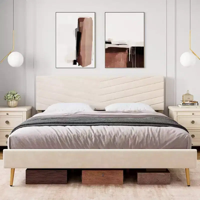 Struttura letto King/Queen/Full Size con testiera regolabile, letto a piattaforma imbottito in velluto, doghe in legno massiccio, nessun bisogno di rete a molle