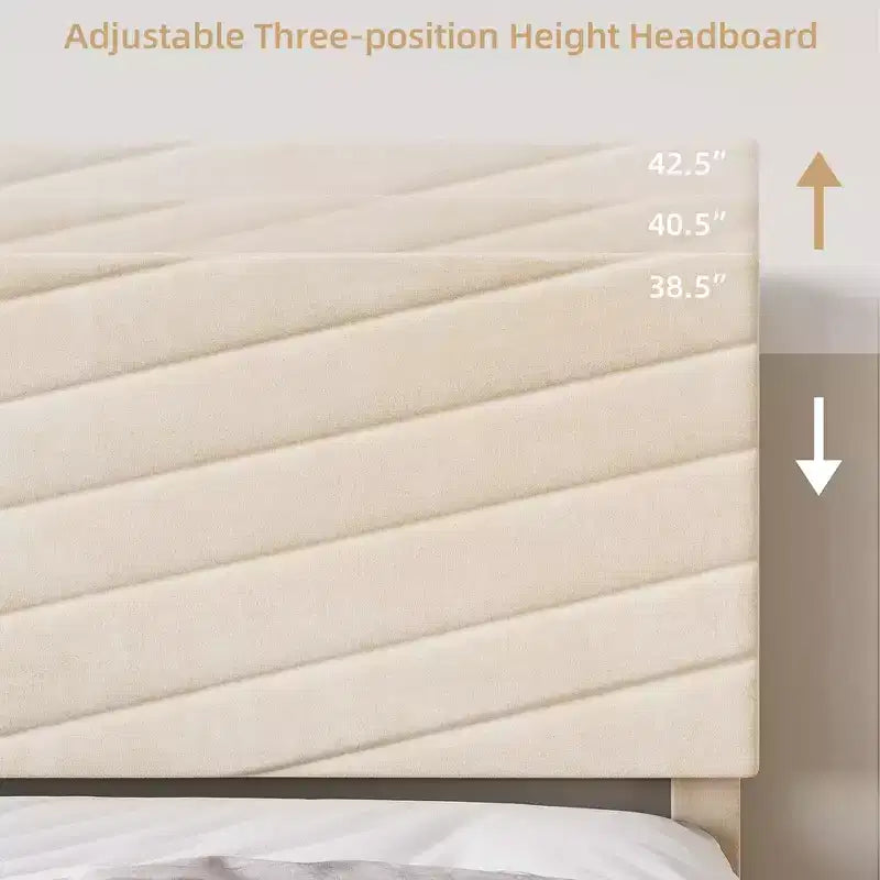 Struttura letto King/Queen/Full Size con testiera regolabile, letto a piattaforma imbottito in velluto, doghe in legno massiccio, nessun bisogno di rete a molle