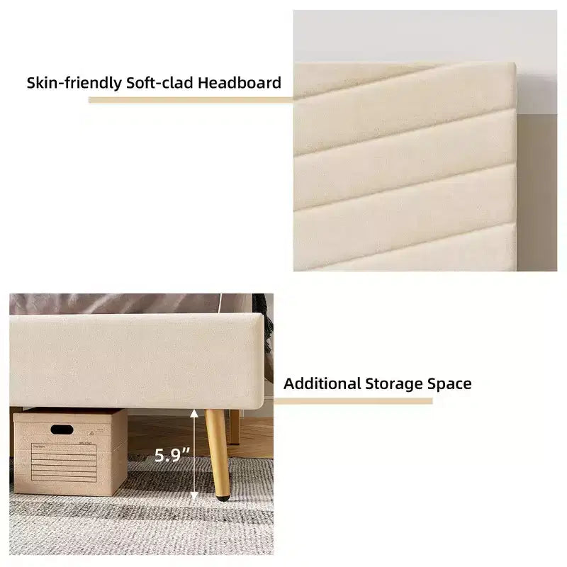 Struttura letto King/Queen/Full Size con testiera regolabile, letto a piattaforma imbottito in velluto, doghe in legno massiccio, nessun bisogno di rete a molle