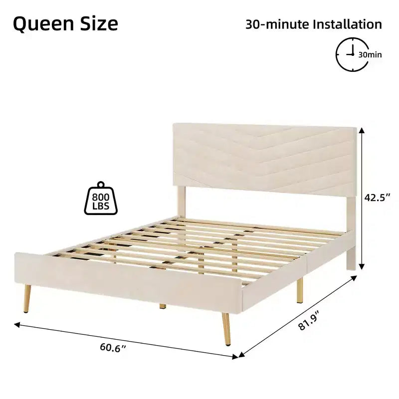 Struttura letto King/Queen/Full Size con testiera regolabile, letto a piattaforma imbottito in velluto, doghe in legno massiccio, nessun bisogno di rete a molle