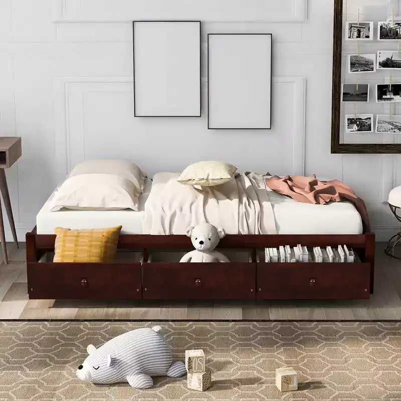 Letto a piattaforma singolo con 3 cassetti e supporto a doghe in legno