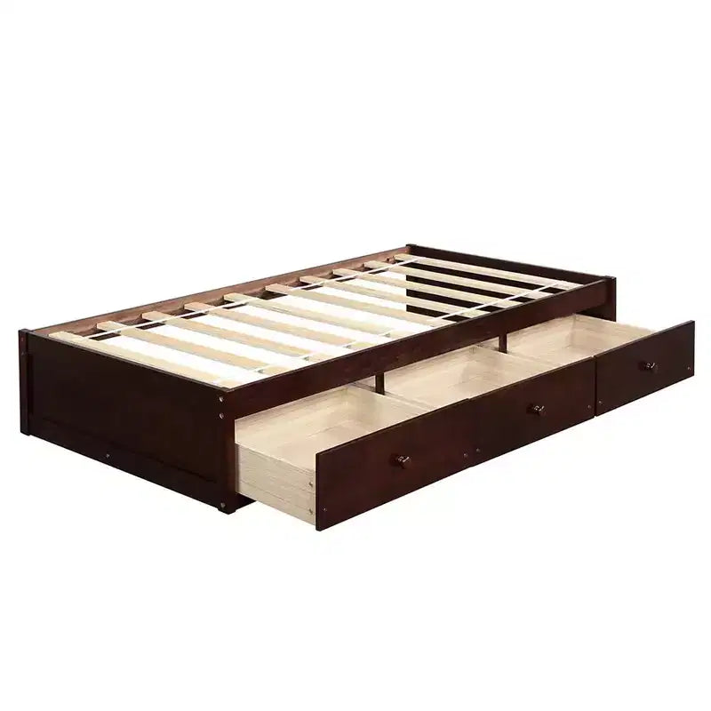 Letto a piattaforma singolo con 3 cassetti e supporto a doghe in legno