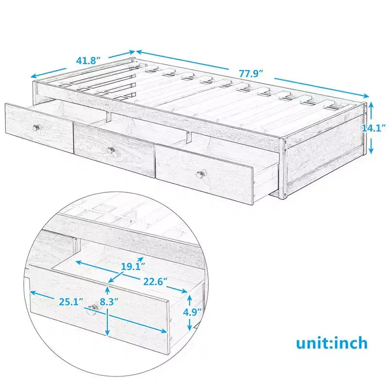 Letto a piattaforma singolo con 3 cassetti e supporto a doghe in legno